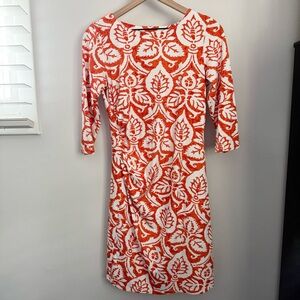 J.Mclaughlin Small White Orange Abstract Leaf Sheath Dress Side Ruched